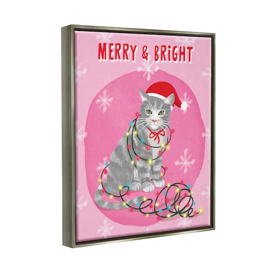 Stupell Industries Merry & Bright Christmas Cat Lights Framed Floater Canvas Wall Art